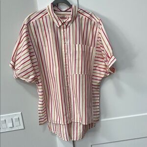 Pilcro Cream Button-Down Shirt with Red and Pink Stripes